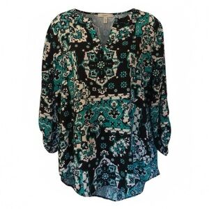 Cato Women's Floral Geometric Print V-Neck Top Black Teal Size L Bohemian